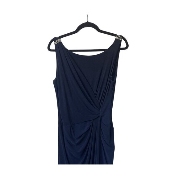 Lauren Ralph Lauren Evening Gown Size 8 Navy Blue Wrap Maxi Stretch Embellished - Picture 2 of 9